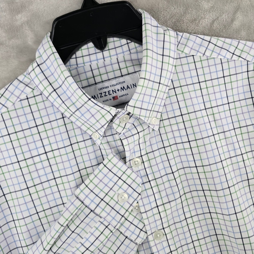Mizzen+Main Dress Shirt Mens Medium White Plaid Leeward Collection Trim Fit